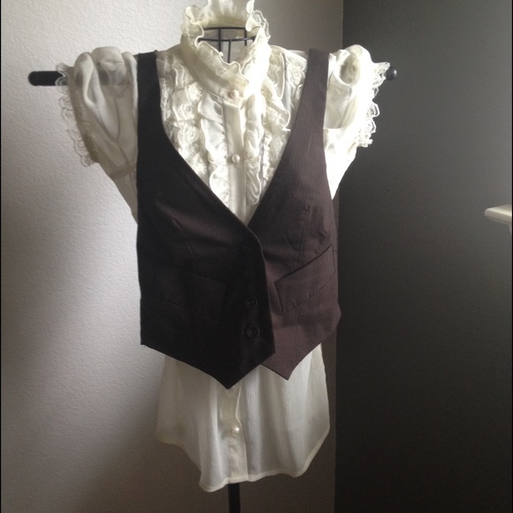 2 Piece Set. Sheer Cream Blouse + Brown Vest