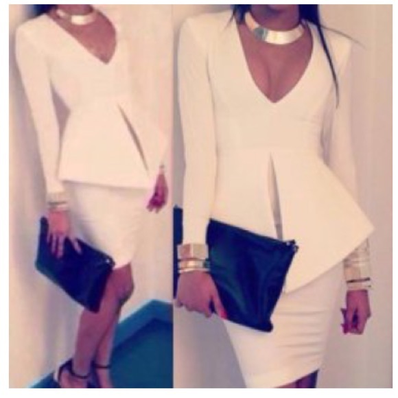 White Plunge Peplum Dress