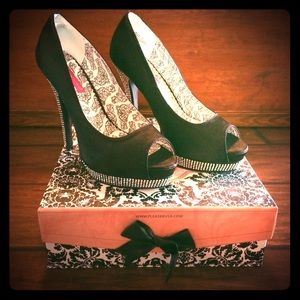 Bordello Black Satin Rhinestone Heels