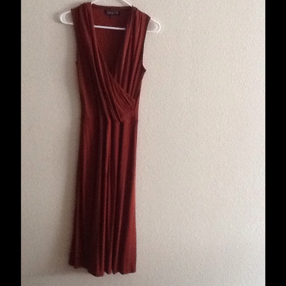 Rust dress fitted at the waist.