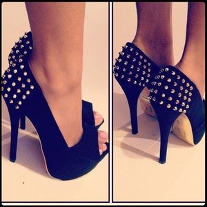 Gold Stud open toe black heels.