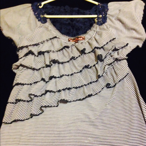 Ruffled Blue Stripe Shirt with Lace Detail