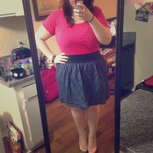 Denim skirt/hot pink shirt duo