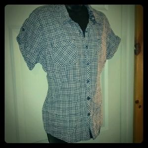 Navy and Pink Striped Plaid Button up Blouse