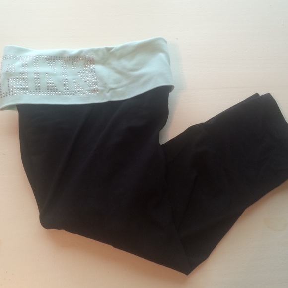 Pink yoga capris with mint green waistband