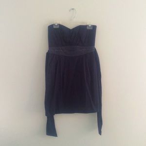 Navy blue strapless dress.