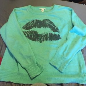 Seafoam Green Knit Sweater with Lips Decal