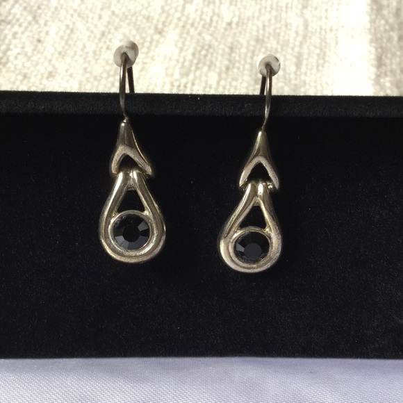 Antiqued silvery earrings with black stone