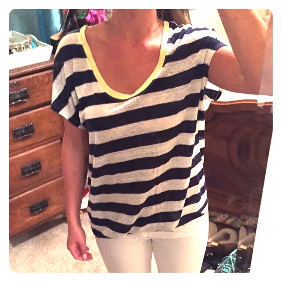 Joie linen striped tee with yellow neckline