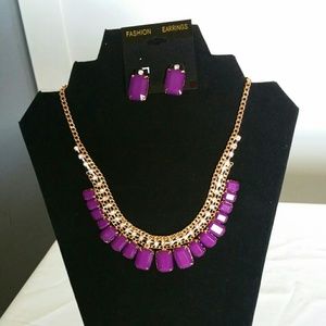 New gold and purple stone necklace and earring set