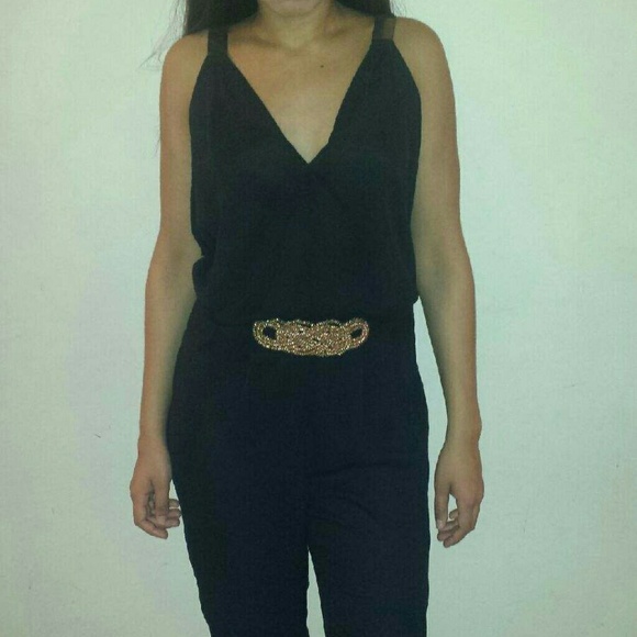 Black beaded jumpsuit.