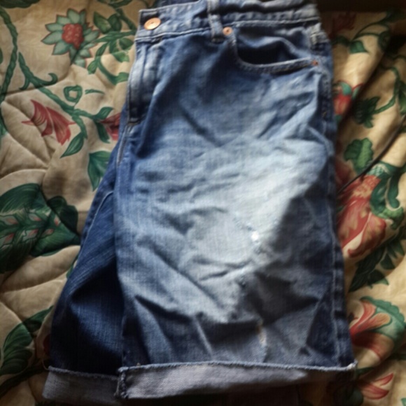 Distressed jean shorts.
