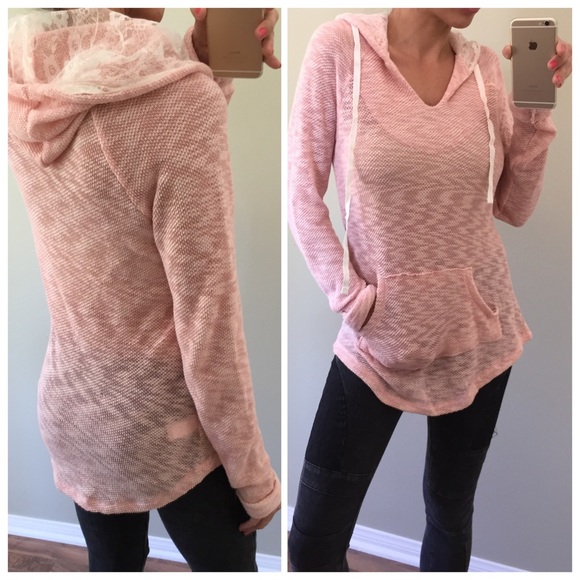 Reserved Baby Pink with Lace Hoodie Sweater - Picture 2 of 4