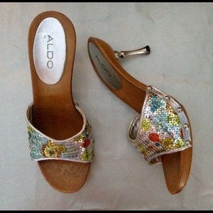 ALDO Sequined Wooden Sandals w/ Metal Chrome Heels