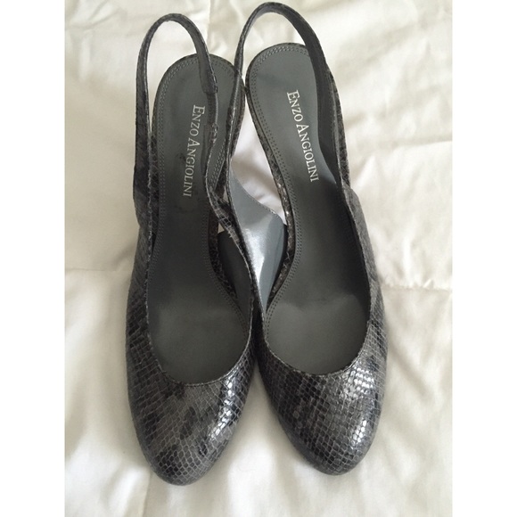 Gray snakeskin sling back heels