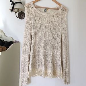 Anthropology cream sweater with crochet lace trim