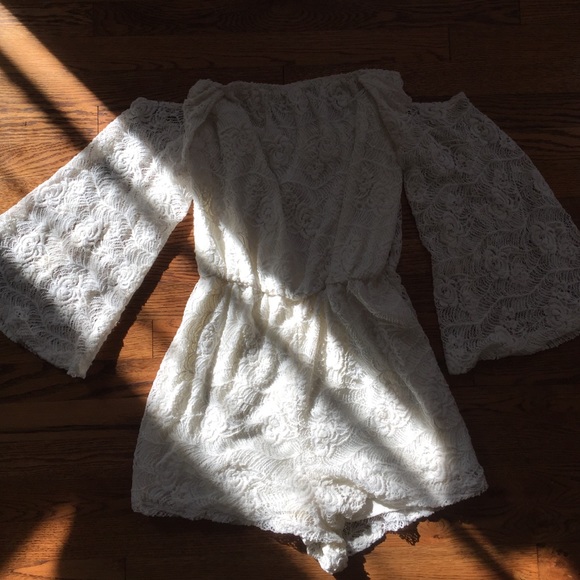 Cream lace off shoulder romper