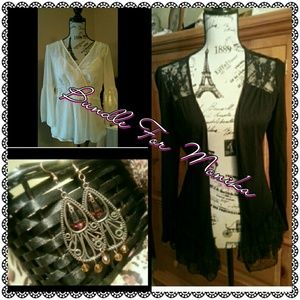 Black ruffle cardigan, boho earrings and cream top