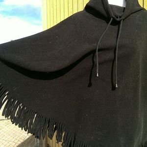 Black fleece poncho with fringe