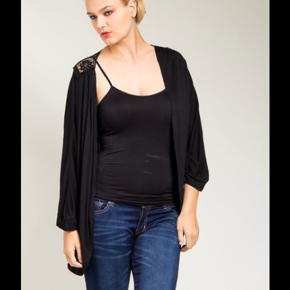 Black Crochet Back Drape Plus Size Cardigan