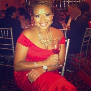 Gorgeous red formal dress, necklace and earrings.