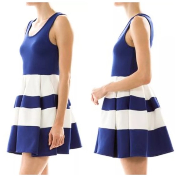 Blue White Stretch Key Hole Sun Skater Dress MED - Picture 2 of 4