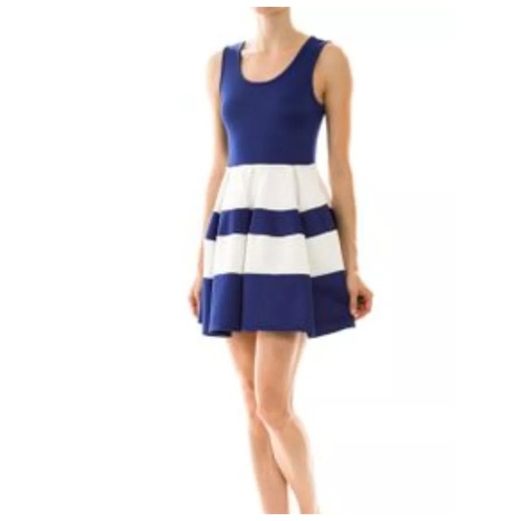 Blue White Stretch Key Hole Sun Skater Dress MED - Picture 3 of 4