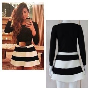 Sexy Long Sleeve Black White Stripes Dress