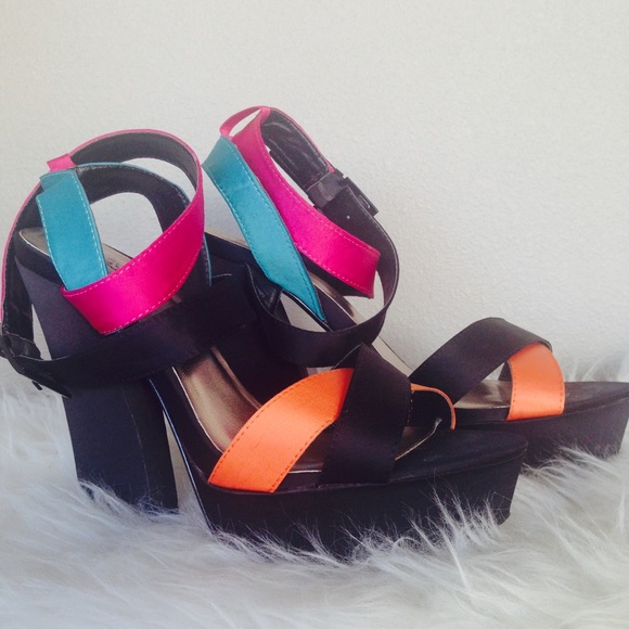 Qupid Shoes - Multi-Colored Strappy Satin-like Platforms Qupid Shoes - Multi-Colored Strappy Satin-like Platforms
