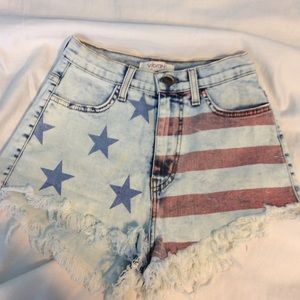 High waisted light washed American flag shorts