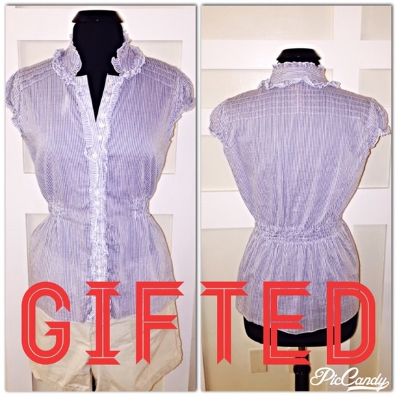 Blue white stripe ruffle blouse