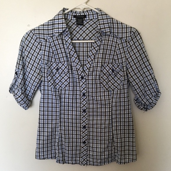 Blue/black/white plaid button up - Picture 1 of 1