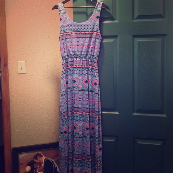 A bright purple, turquoise, and coral maxi dress