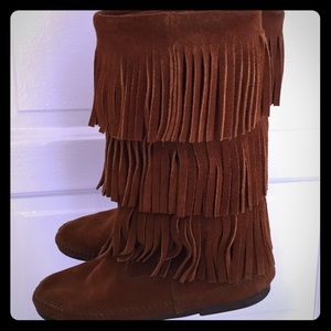 Brown suede Minnetonka 3 tiered fringe booties