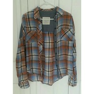 Free People Distressed Light Weight Plaid Shirt