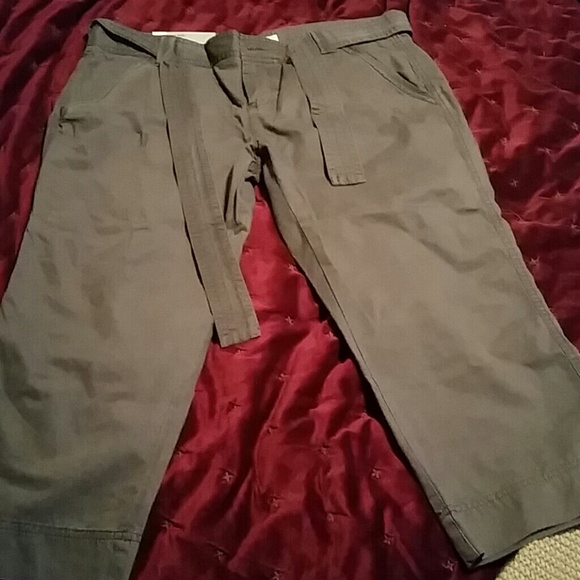 Gray capris, red shorts, brown and red blouse