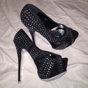 Black Suede Rhinestoned Heels