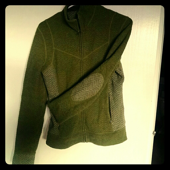 Prana Corrine Wool Zip Sweater Green Elbow Pa