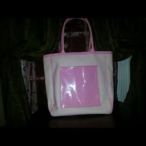 Pink canvas and patent leather tote