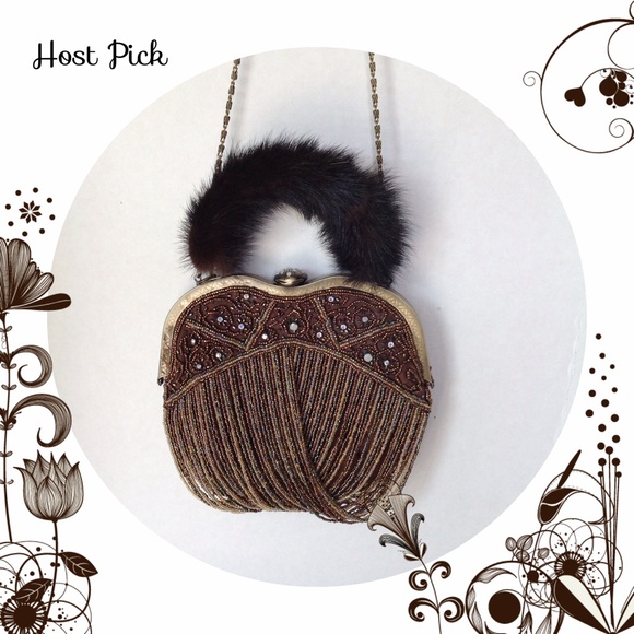 Handbags - Vintage Bronze Beaded Evening Bag, Fur Handle