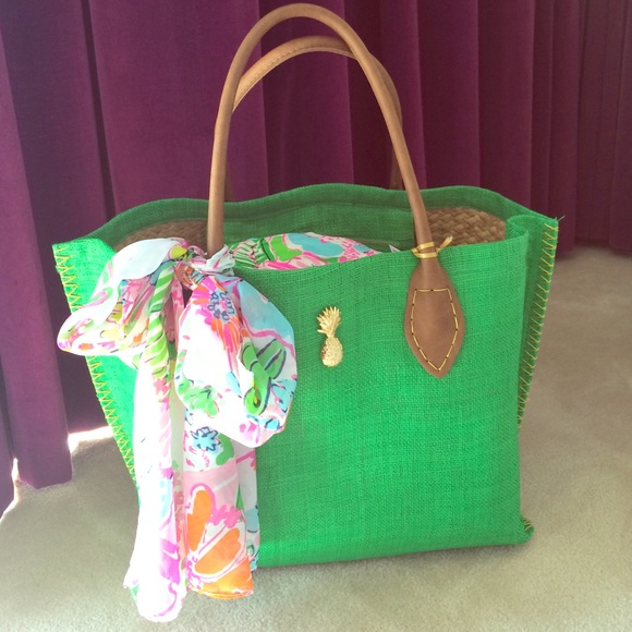 Lilly Pulitzer green Raffia tote