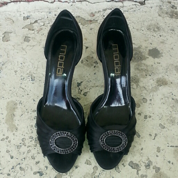 Open-toed high heels with black crystal accent