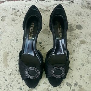 Open-toed high heels with black crystal accent