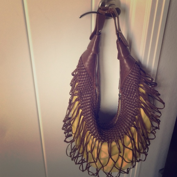 Yellow and brown authentic leather hobo bag
