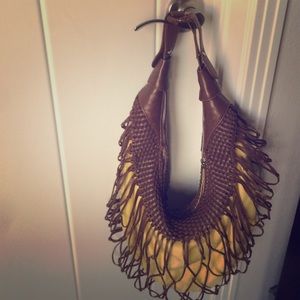 Yellow and brown authentic leather hobo bag