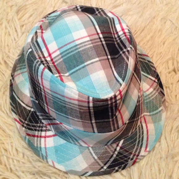 Blue and red plaid fedora hat