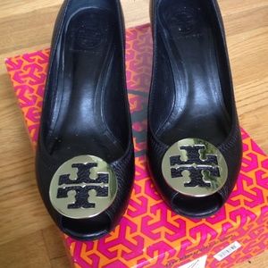 Tory Burch black leather wedges