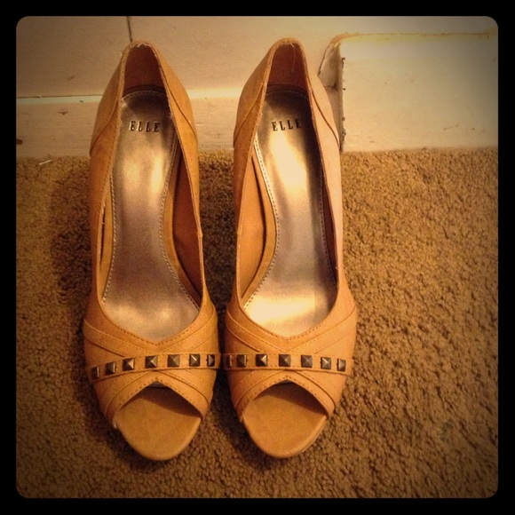 ELLE Tan studded peep toe heels