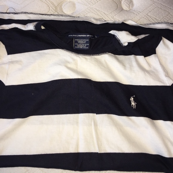 Navy blue and white stripe short sleeve polo shirt