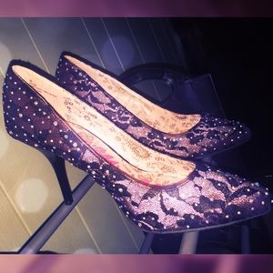 Betsey Johnson Black Lace & Rhinestones Pumps Heel